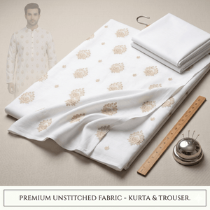 Un-stitched Motif White Embroidered Kurta Trouser Fabric MF-103 - Irza Textile