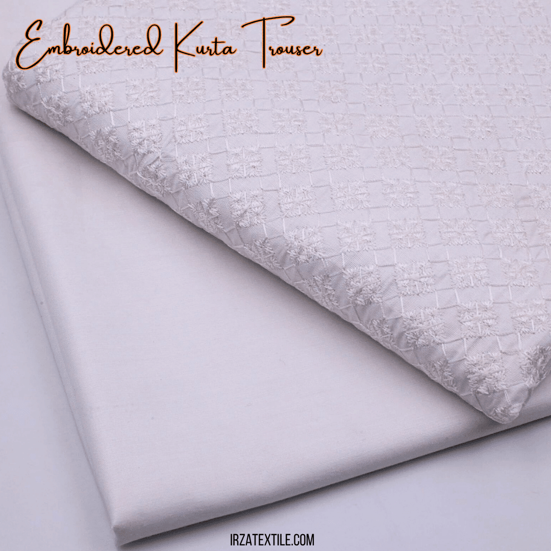 Un-Stitched White Embroidered Kurta Trouser Fabric N-903 - Irza Textile