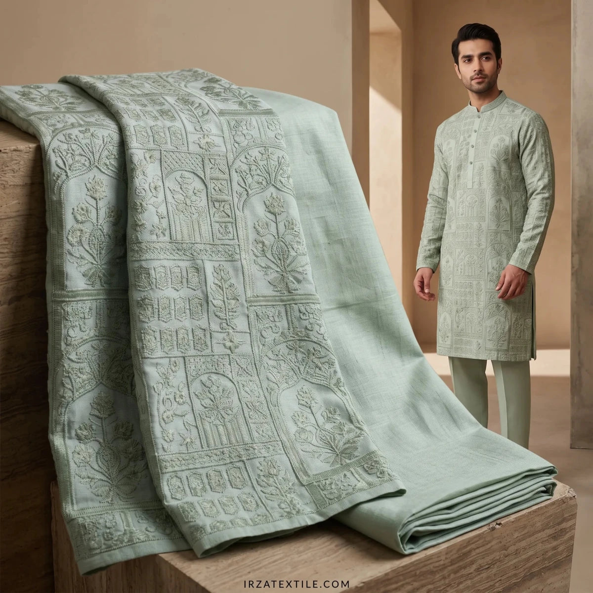 Pakistani male model wearing the stitched Mehraab Pista Green embroidered kurta with matching trousers, showcased next to the folded unstitched fabric by Irza Textile.