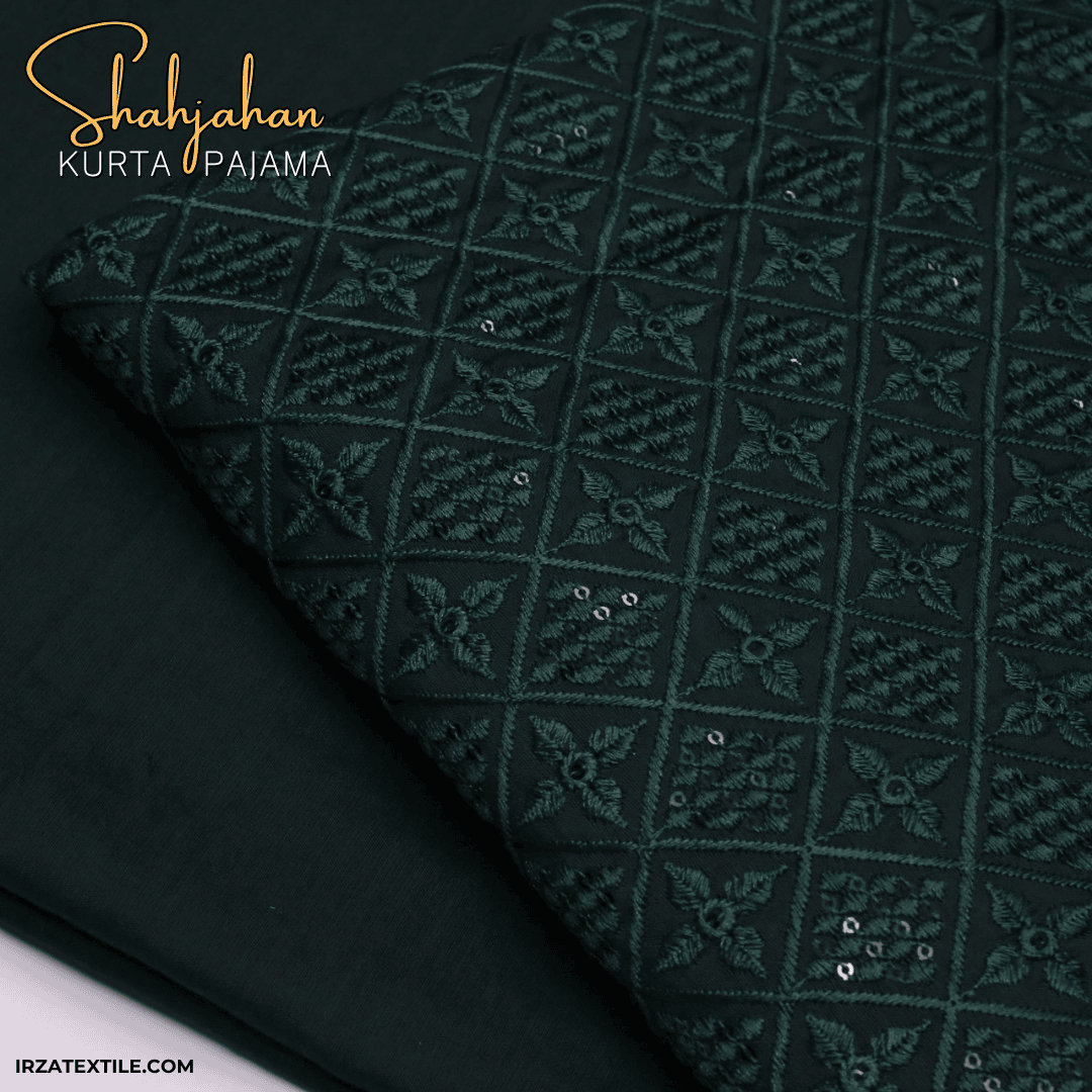 Shahjahan Embroidered Bottle Green Un-Stitched Kurta Pajama - Irza Textile