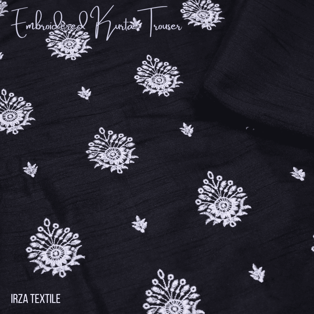 Un-stitched Motif Black Embroidered Kurta Trouser Fabric MF-102 - Irza Textile