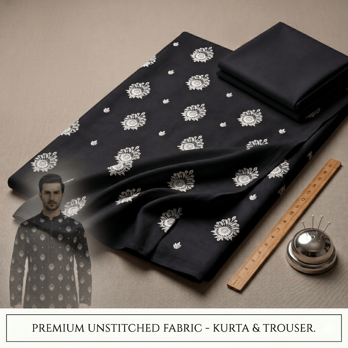 Un-stitched Motif Black Embroidered Kurta Trouser Fabric MF-102 - Irza Textile