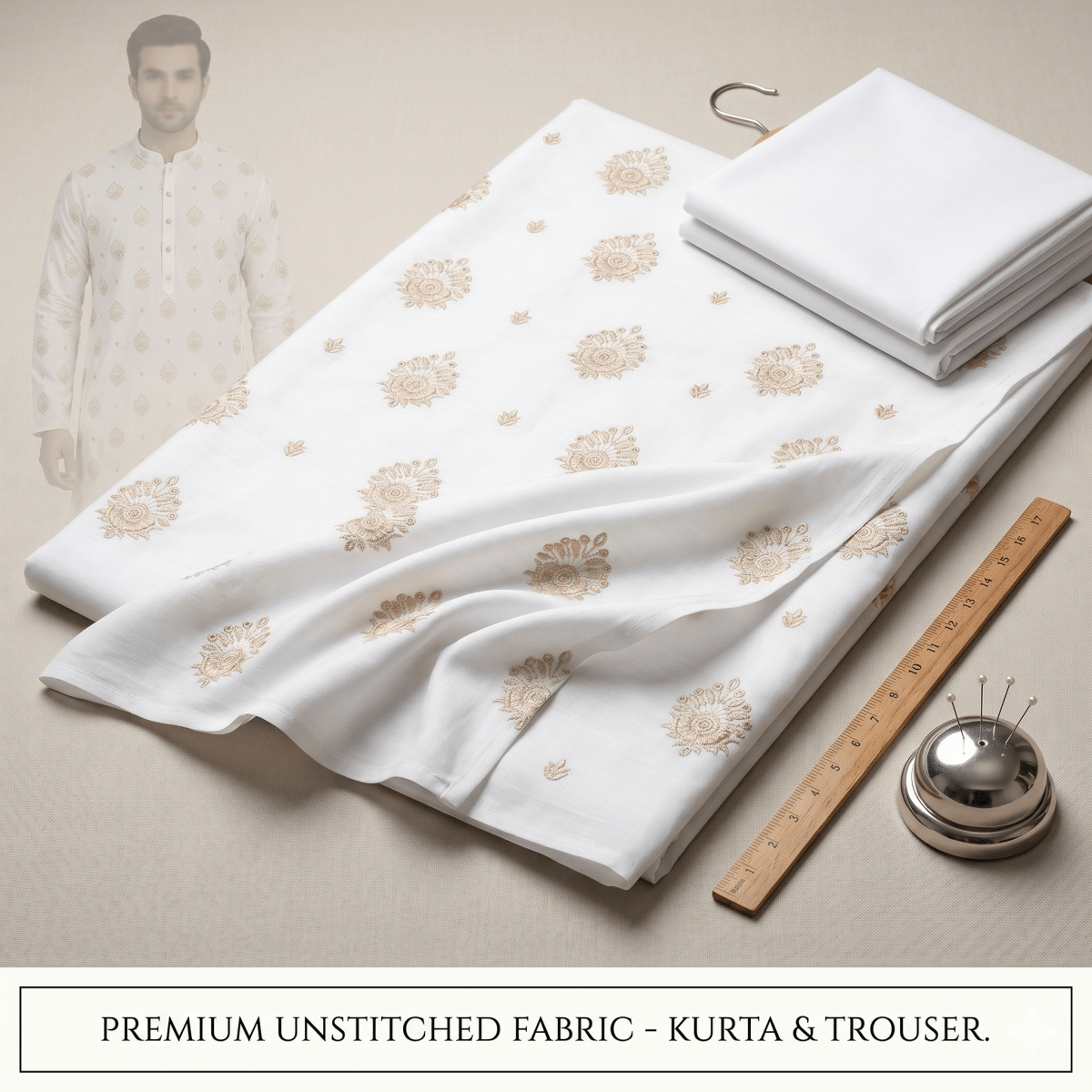Un-stitched Motif White Embroidered Kurta Trouser Fabric MF-103 - Irza Textile