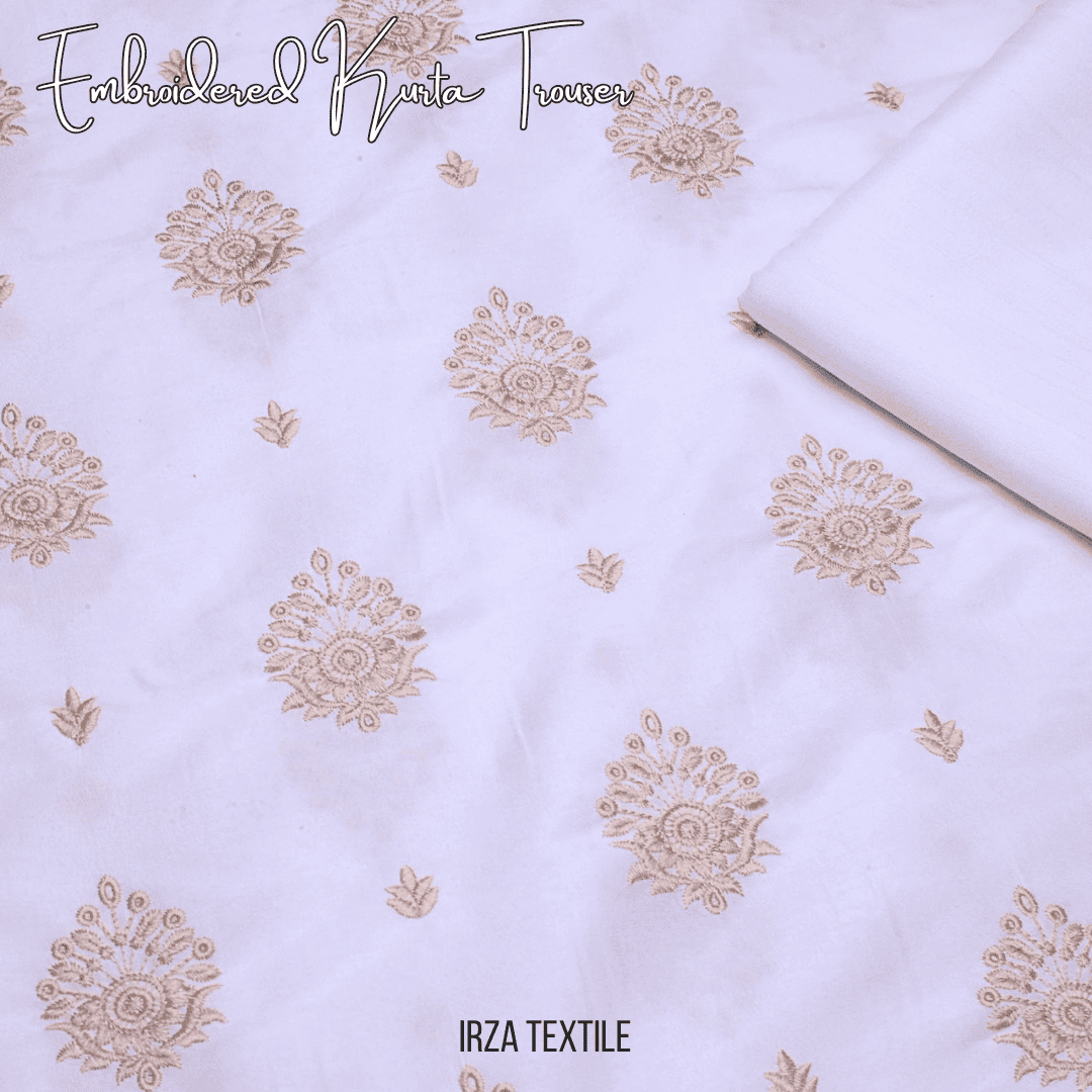 Un-stitched Motif White Embroidered Kurta Trouser Fabric MF-103 - Irza Textile