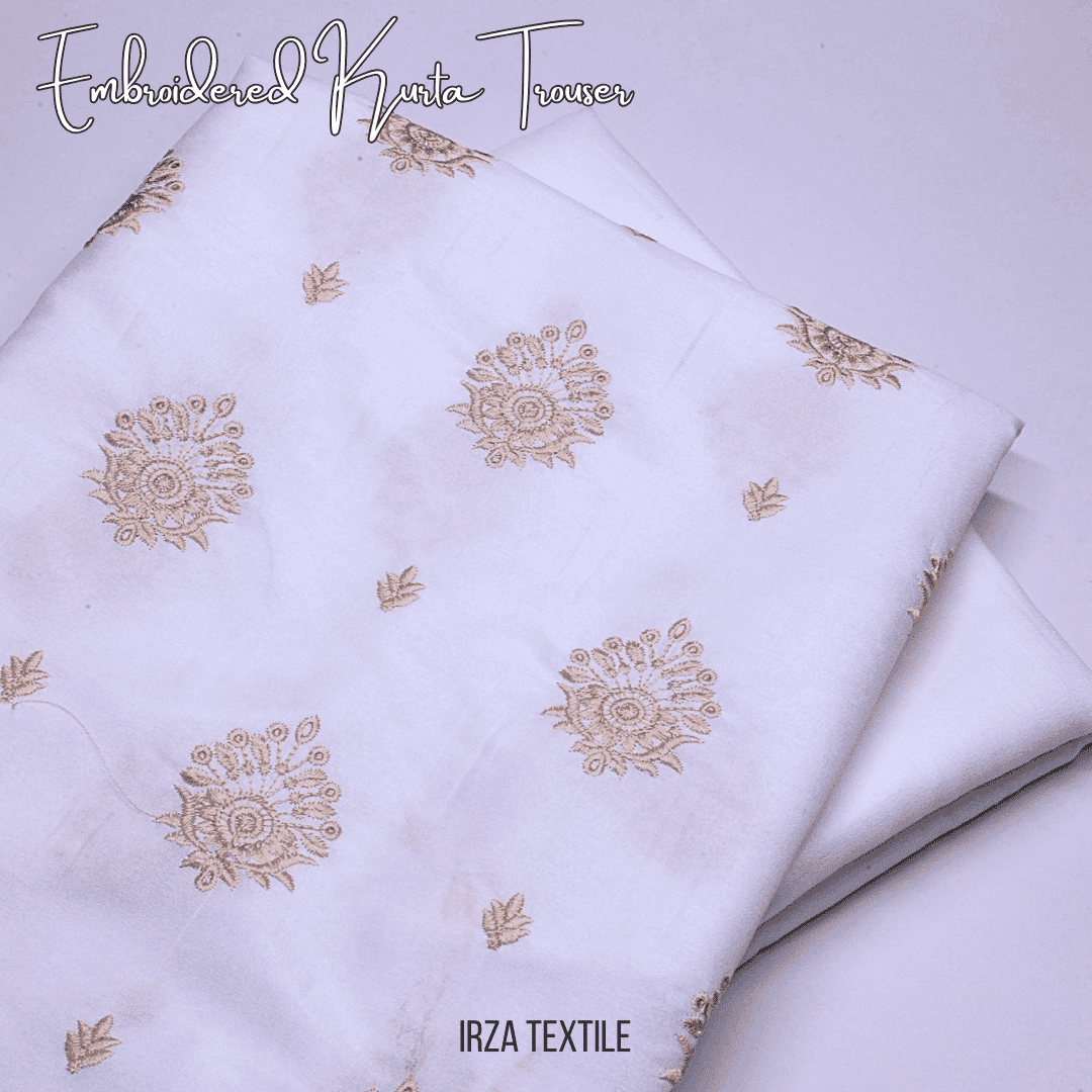 Un-stitched Motif White Embroidered Kurta Trouser Fabric MF-103 - Irza Textile