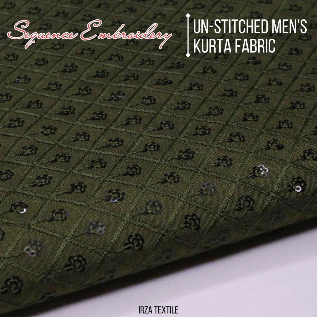 Un-Stitched Cotton Mehandi Green Sequence Embroidery Kurta AB-146 - Irza Textile