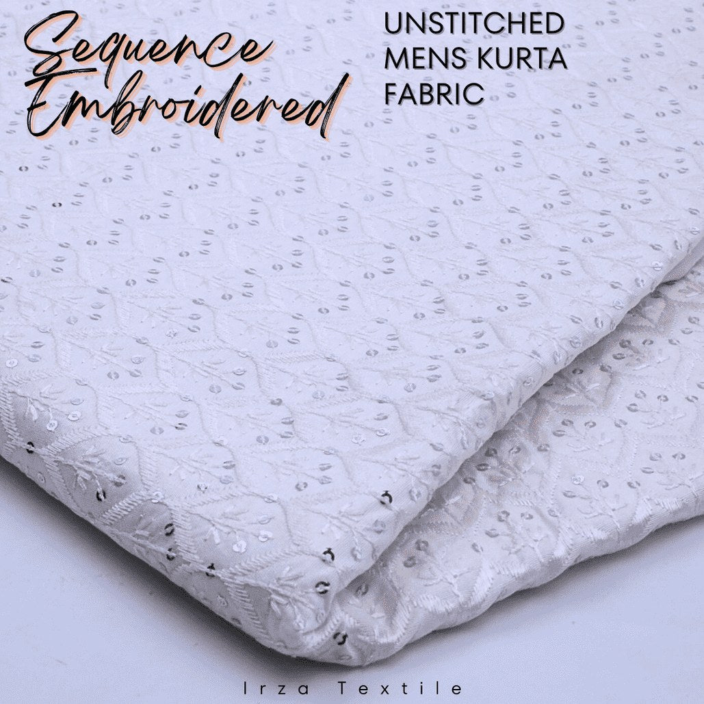 Un-Stitched Cotton Silk Off White Silver Sequence Embroidery Kurta AOB-109