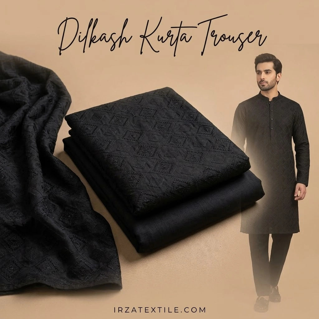 Unstitched DILKASH Black Embroidered Kurta Pajama Fabric