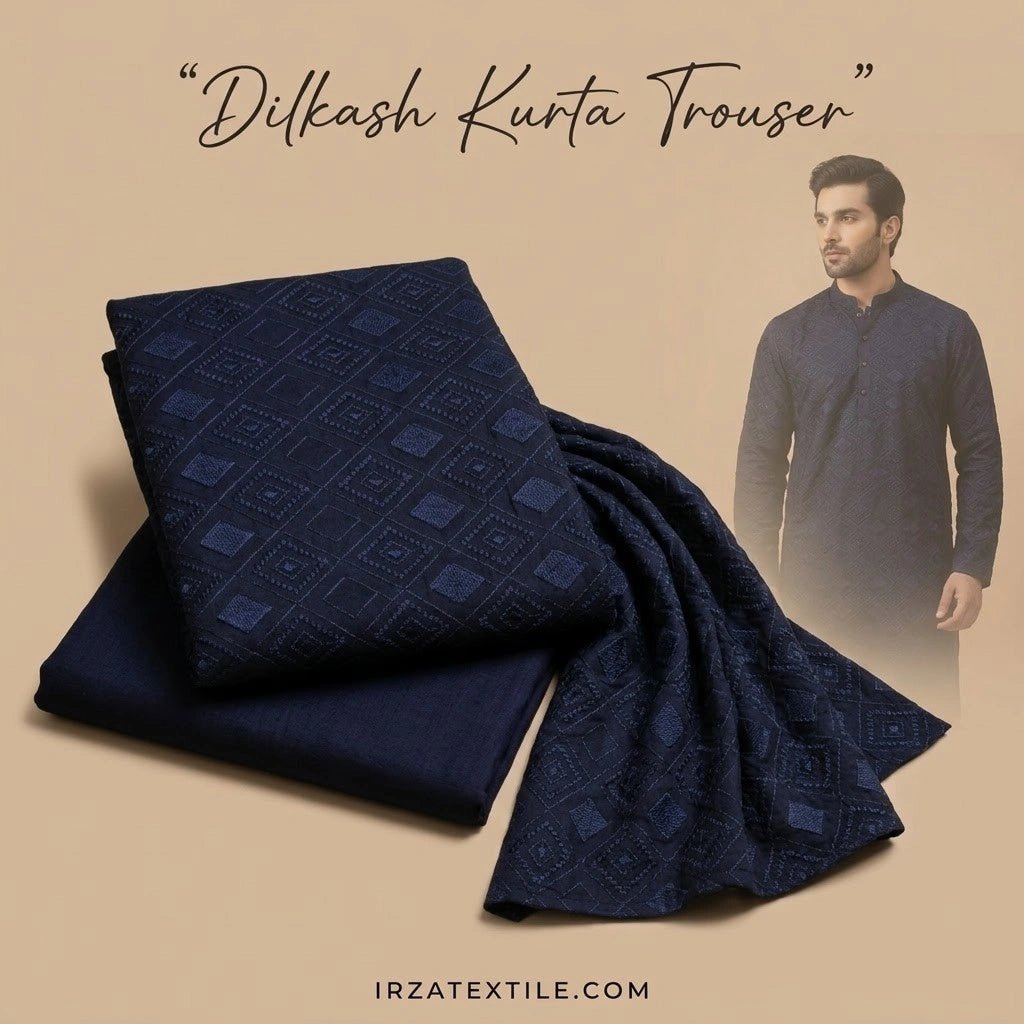 Unstitched DILKASH Navy Blue Embroidered Kurta Pajama Fabric